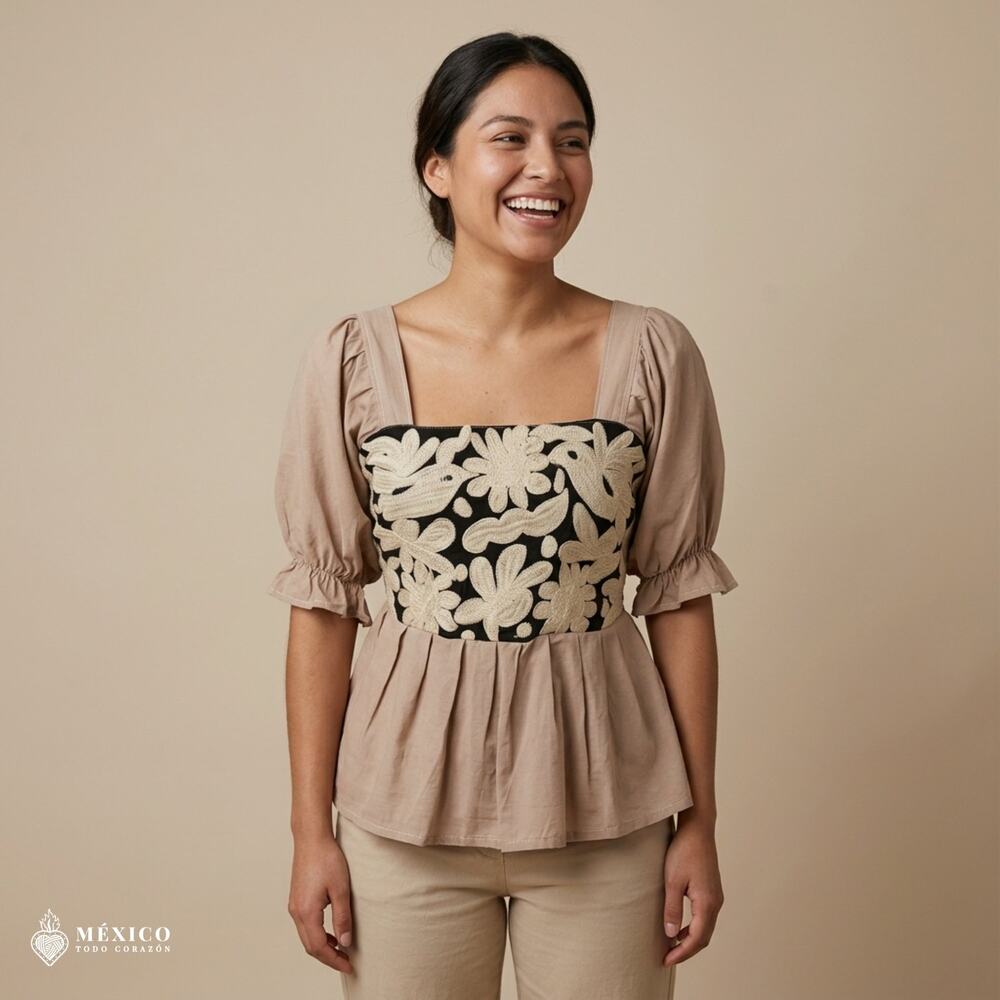 Mexican Embroidered Peplum Blouse – Handmade Cotton Puff Sleeve Corset Top